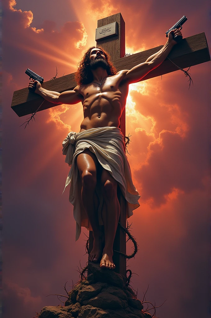 Jesus crucified holding guns

