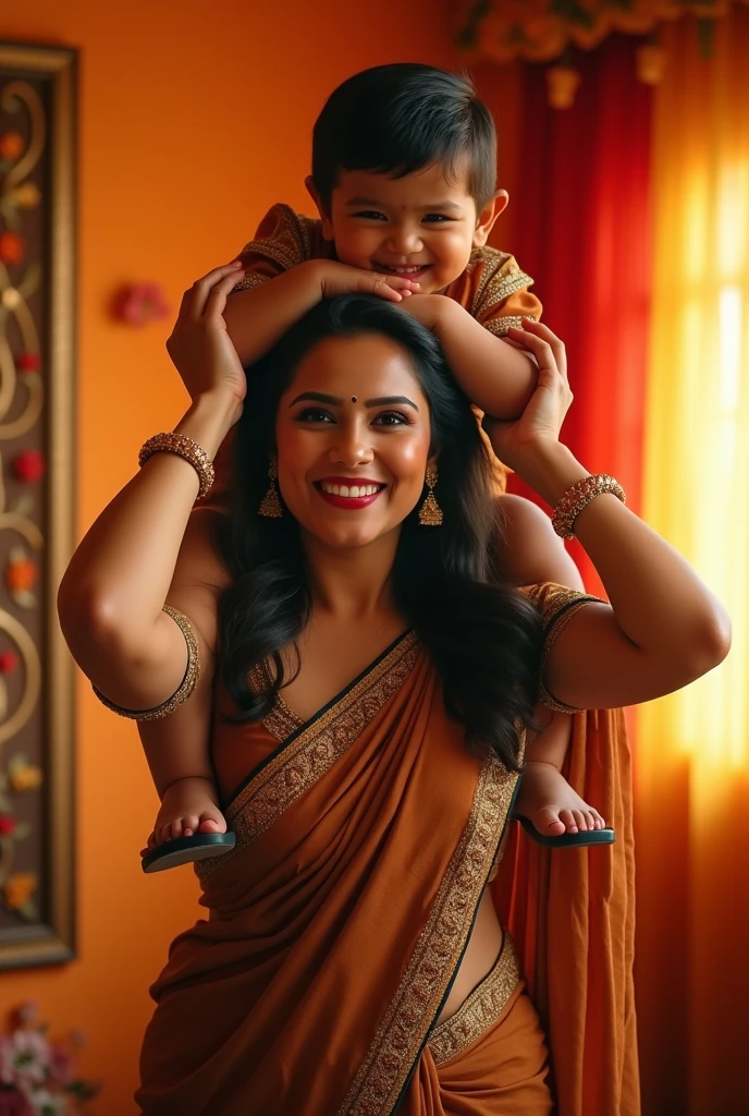 Create a realistic photograph of a smiling and beautiful indian actress in brown silk saree carrying a large chubby man on her shoulders in a room, man is sitting on top of her shoulders , man on top, woman at bottom