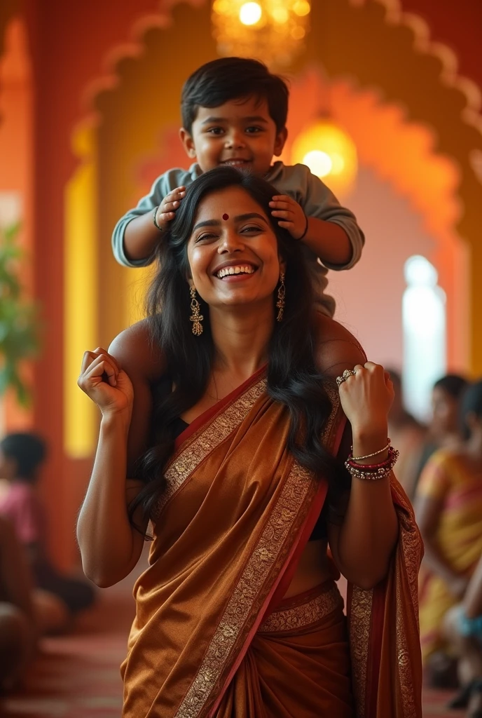 Create a realistic photograph of a smiling and beautiful indian actress in brown silk saree carrying a large chubby man on her shoulders in a room, man is sitting on top of her shoulders , man on top, woman at bottom 