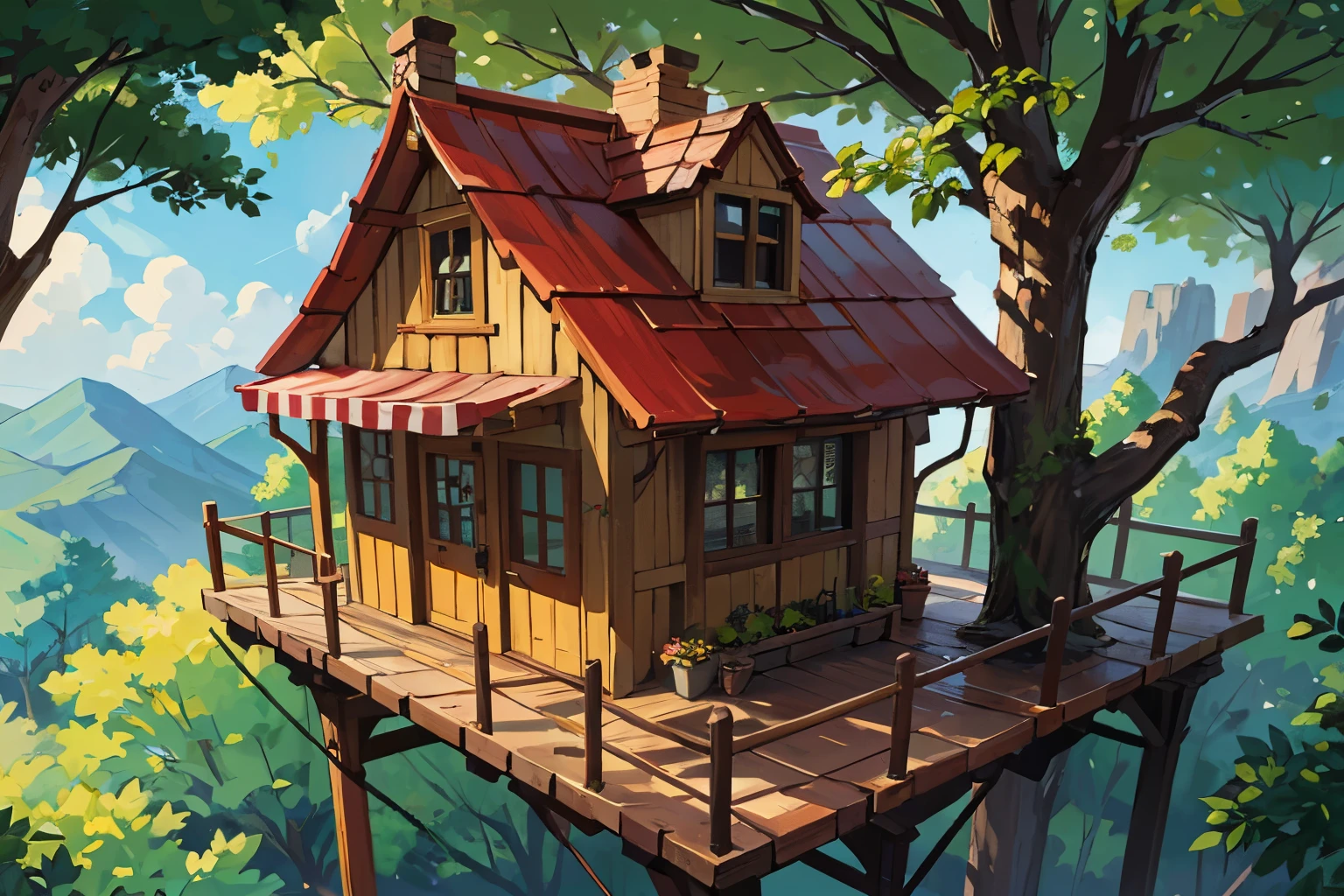 A lovely little tree house high up in an oak tree, with wooden walls and a red tile roof. . It will have a small terrace around it, with vines climbing the columns.