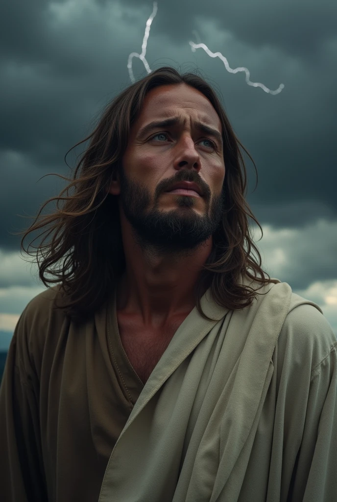 Jesus Christ crying with a dark sky background