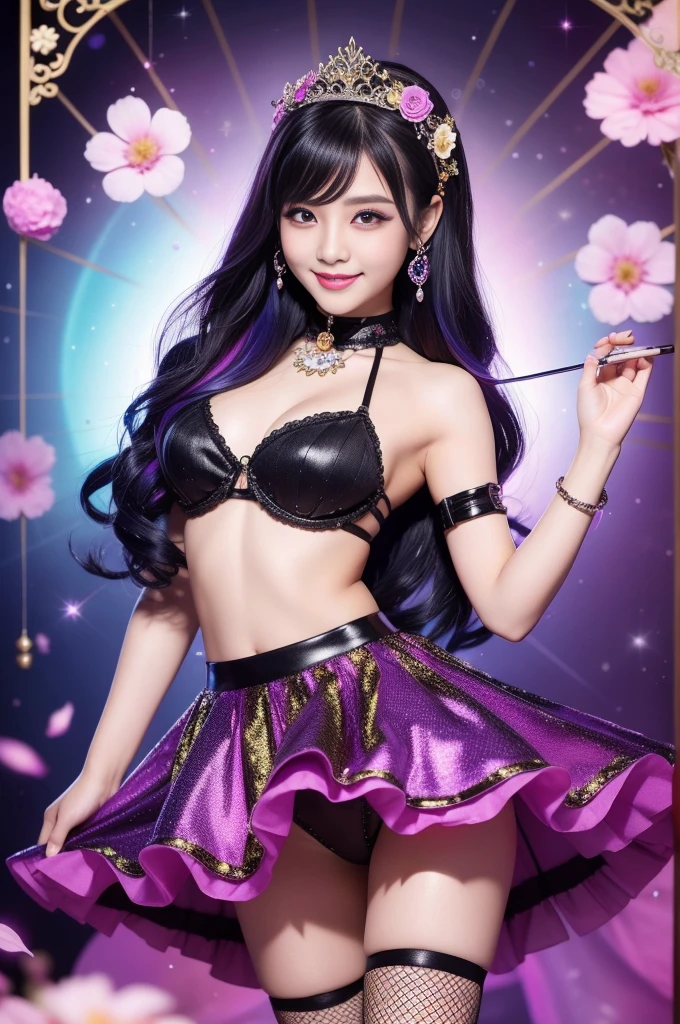 y Thai model who controls poison、beautiful smile、lipgloss、long lashes、smokey eyeshadow、look at the camera、full body Esbian、、sparkling poisoned flower costume、、、、sparkling Colorful hair、secrete poison、skull hair accessories、fishnet tights、shiny sparkling flowers background