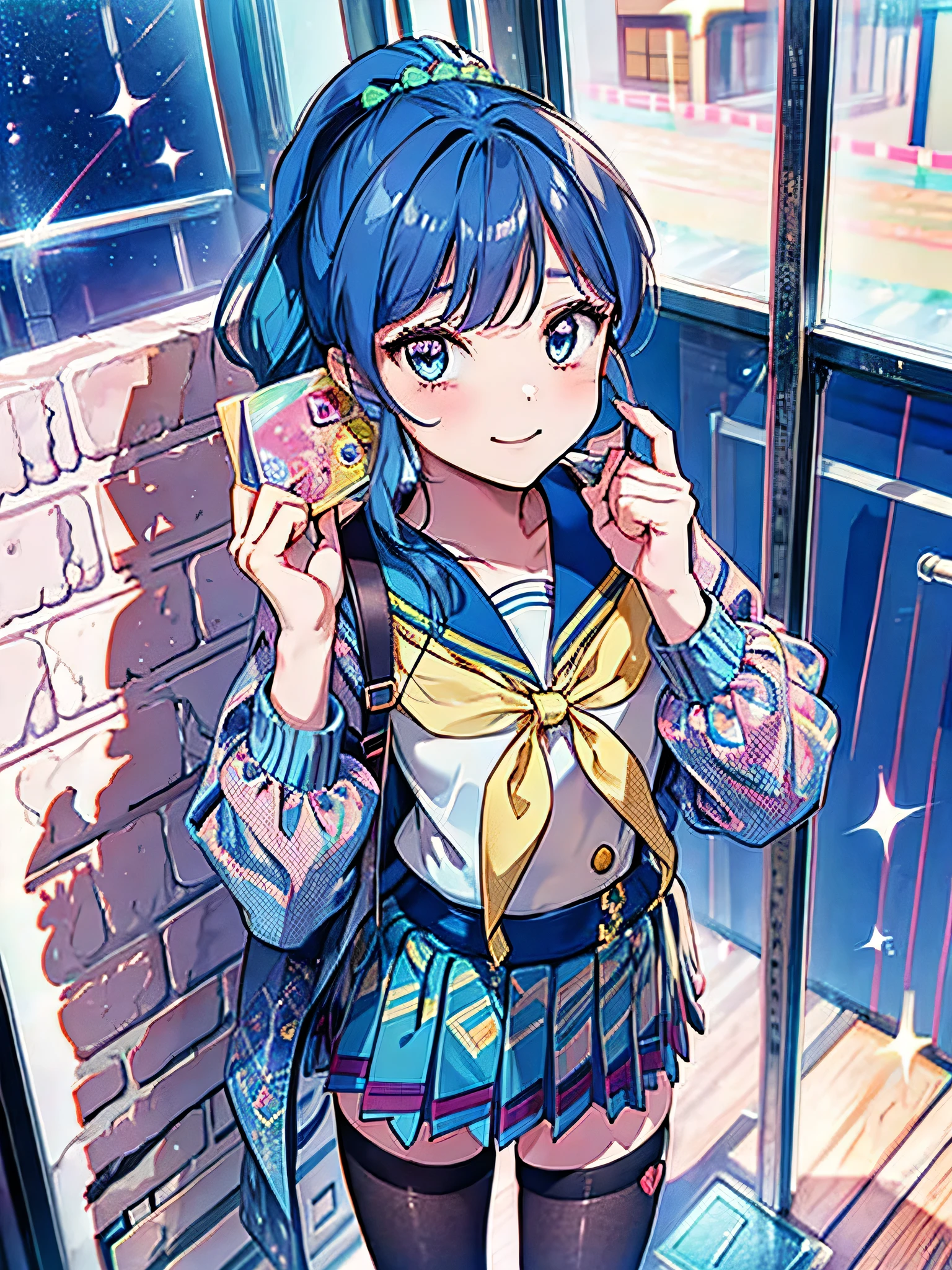 aikatsu,side_Ponytail,Blue HAIR,(nsfw:0.7),realism, (realistic:0.85), illustration, (old city:1.1), flasher, public indecency,  💫👧💖 is (standing:1.3) and wearing [harajuku school uniform:(kawaii pattern on clothes:1):(accessories on clothes:1.5):0.3], (cute accessories on multilayered hair:1.3), long sleeves, seductive grin smug, small breast, skirt, fishnet pantyhose, (revealing clothes:1.2), (colorful micro bikini:1.1), (forward pelvic:1.3), spread legs, hands behind head, fisheye