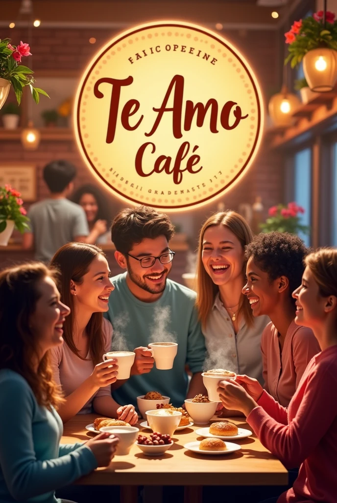 Create hd poster for Te amo Cafe grand opening on August 21th with cuppuccino drinking people background