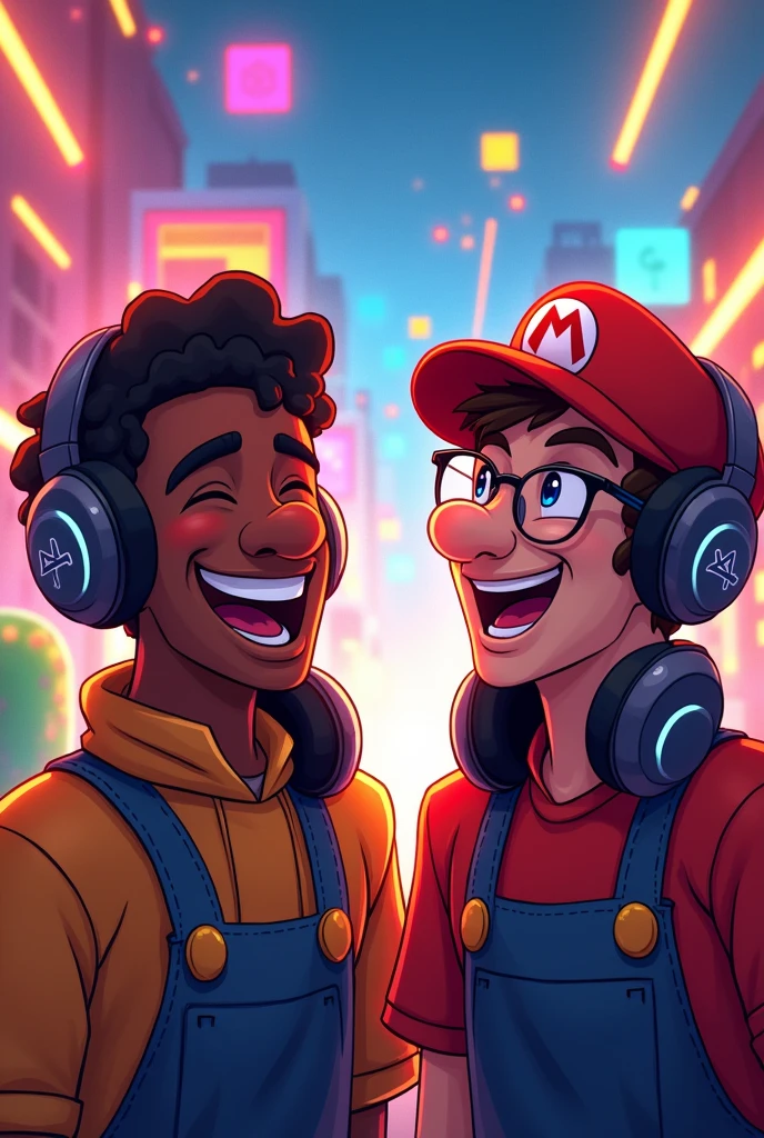 Generates an image in 16 format:9 that we will use as a thumbnail in a YouTube video, We make a podcast , that the image has Mario Bros, xbox we are two 29 year old guys , one with short hair, dark skin and a short neck , and the other is a white guy with glasses and curly hair and we're laughing.