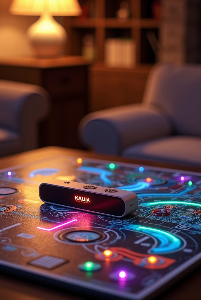 Create a classic board game that has a speaker-style audio device implemented to listen to music, a touch more futuristic but not too much. 
