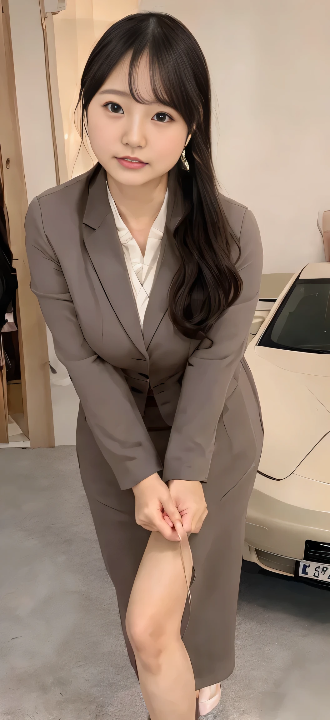 Japanese ID, Mature Woman, ((Around 40 years old, slightly chubby, round face)),Black hair without bangs, Long Hair:1.65, Big twin ponytail:1.79, Flashy makeup, Fuller lips, Sexy Gaze, cute, ((dressing)), looking at the camera, Low angle shooting, cuteアヒル口,((Very accurate and correct anatomy)), (masterpiece:1.3), Perfect Proportions, Realistic photos, Full Shot, whole body, ((height: 148cm)), High heels, loafers, (2 Foot, Two Arms), ((Panty shot))