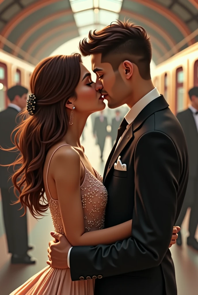 1girl, long_hair, short_hair, brown_hair, black_hair, photoshop_(medium), dress, 1boy, original, jewelry, standing, closed_eyes, jacket, short_sleeves, earrings, hetero, artist_name, indoors, blurry, from_side, depth_of_field, watermark, blurry_background, formal, couple, suit, kiss, web_address, realistic, train, photo_background, photo-referenced, train_station