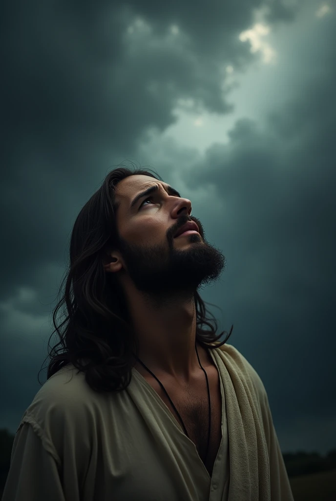 Jesus Christ crying with a dark sky background