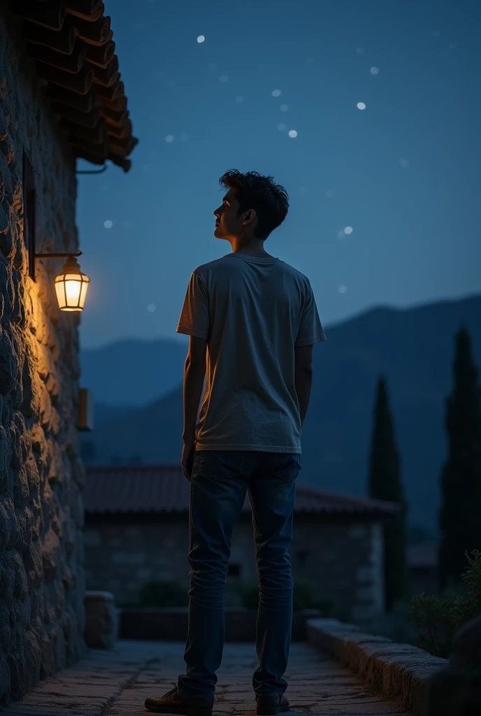 adult boy feel alone at midnight on terrace without light at village 