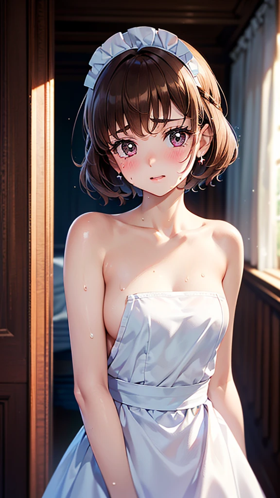 High resolution, Highest quality, super high quality, Very detailed, Cinema Lighting、Sweaty、Sweat、(((Brown hair short cut、Completely naked50Madame Precure, 20 years old, high-class maid's blowjob、((Pussy)))))(((、、(((Embarrassed and blushing)))、Bedside)))、