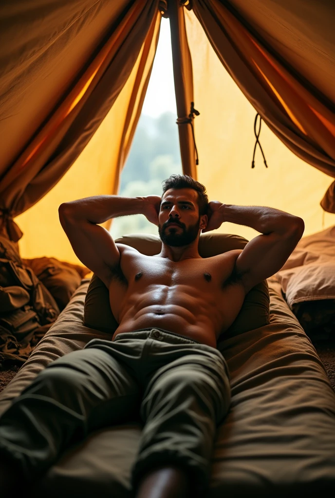  indian army officer with big fully jacked muscular body laying on bed in a position where his both hands are behind his head inside the army tent wearing brief jocks.