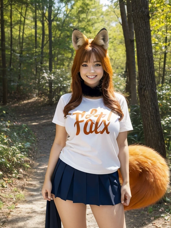 ((Highest quality, 8k)), ((masterpiece)), (Highest Resolution), Perfect Face, Fox Woman, Female college student, Beautiful woman, Outdoor, Only one tail, she has thick thighs, Her large tail, She has an orange fox tail, She wags her tail, Smiling with teeth showing, Fur collar, She's wearing a shirt and a short skirt., Plump Breasts, Beautiful Hips , A fox tail sticks out from the skirt.