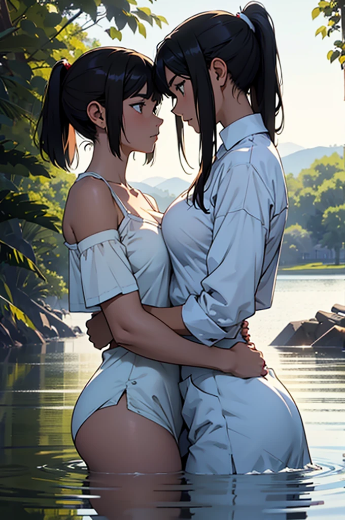 （masterpiece，high quality），A tall girl with a chestnut bob cut, large breasts and a kind face、Short, slim, long black hair in a ponytail、Two girls with intense eyes face each other，Leading the way，Anime，See each other，Embrace each other，Gentle idea-m chest，Wet shirt，（Standing on the lake），Morning Glow：1.2，Side view,Showing a side of yourself you normally don&#39;t show,A sense of guilt