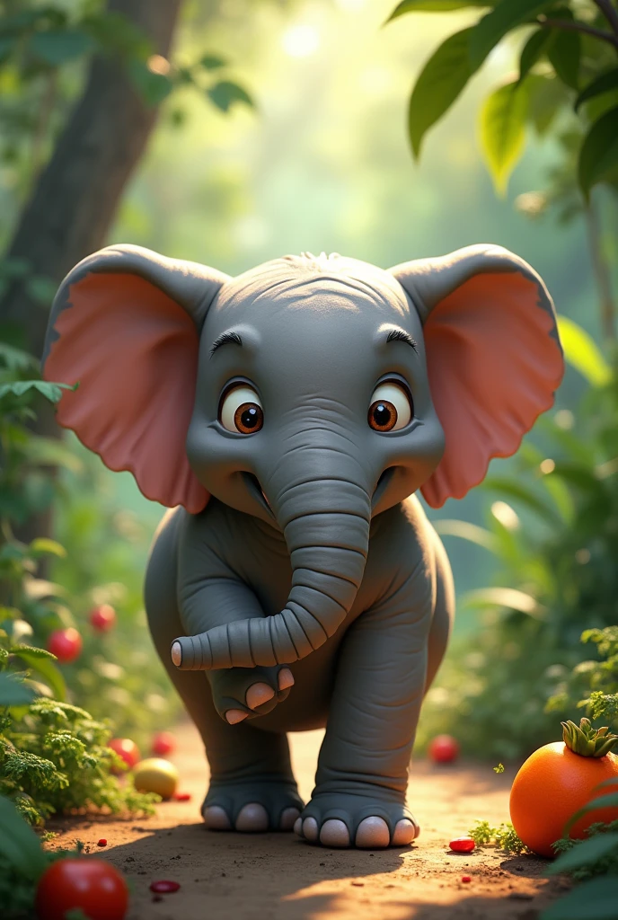 1. Elmer the elephant (fat elephant):
- Big and fat, with a grey and wrinkled skin.
- Kind eyes and a kind smile.
- It has a long and flexible trunk.
- He loves to eat fruits and vegetables.
- It's slow but sure, and always arrives with a smile.