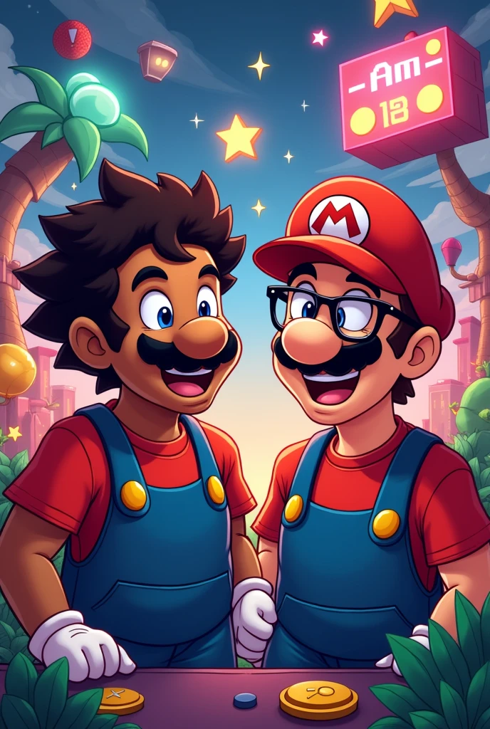 Generates an image in 9 format:16 that we will use as a thumbnail in a YouTube video,  We make a podcast , that the image has Mario Bros, xbox we are two 29 year old guys , one with short hair, dark skin and a short neck , and the other is a white guy with glasses and curly hair and we&#39;re laughing.