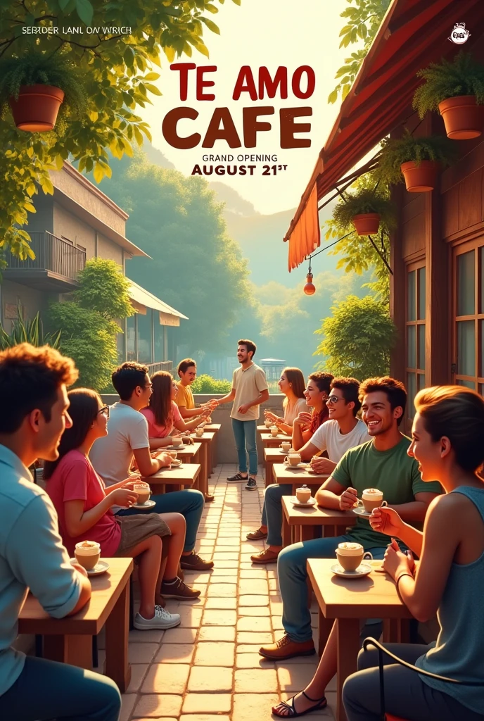 Create hd poster for Te amo Cafe grand opening on August 21th with cuppuccino drinking people background