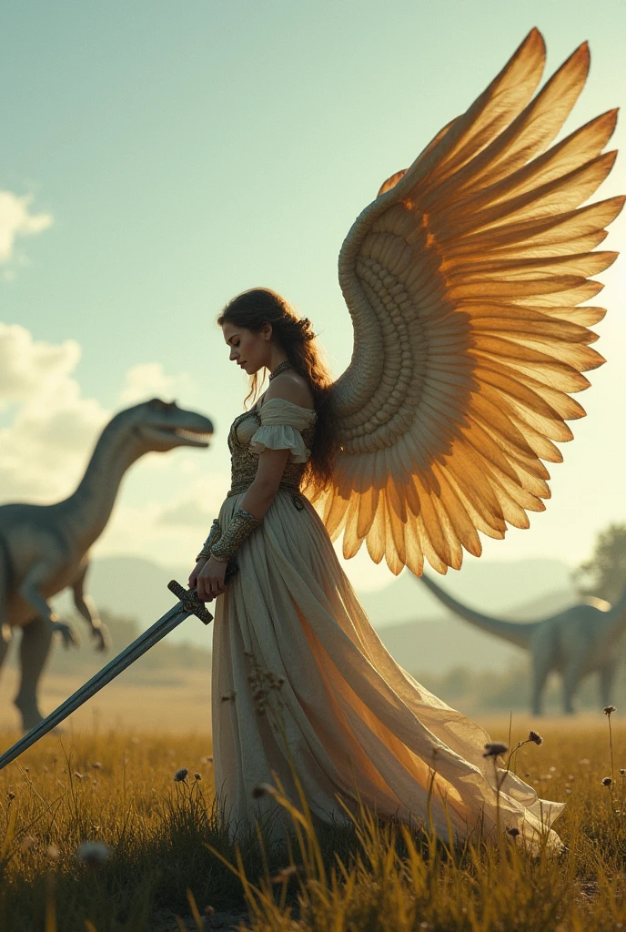 A beautiful female angel standing on the grassland of the dinosaur era, whole body, Holding a sword, Daytime, whole body, Tyrannosaurus in the distance