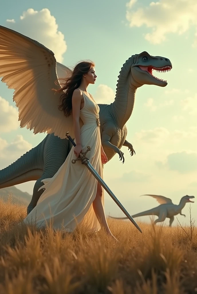 A beautiful female angel standing on the grassland of the dinosaur era, whole body, Holding a sword, Daytime, whole body, Tyrannosaurus in the distance