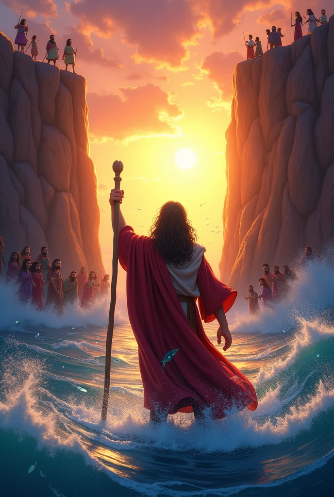create an image that represents the crossing of the red sea by moses from the bible in disney pixar format