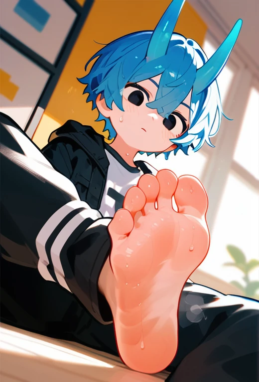 in the room,A cute boy,Low Angle,black eyes,Blue Hair,Bangs between the eyes, There is a blue horn on the head,black eyes,White T-shirt,Black jacket,Black pants, Each foot has five toes,Foot 8,Sweating feet,Details of the sole,Clear facial features,barefoot,Sweating on the soles of the feet, Perfect feet, Anatomically accurate feet, (Each foot has five toes)