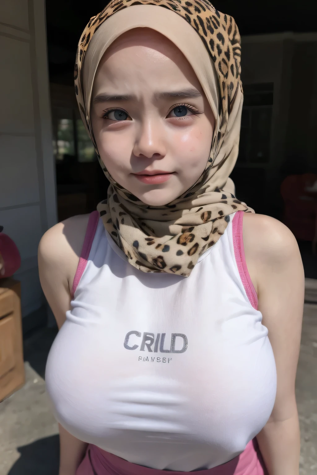 Croptank latch Hijab Stylish, adorable, 1 girl, (face to face), , ((baby face)), face expression), half body portrait, (face details: 1), (eye details: 1), ((huge breasts)). wearing transparent transparency soft soft, hijab .. Cute posed. proportional body. Ultra High Res. realistic: 1.4, UHD, (floral pattern), (croptank latch)) ((leopard pattern))