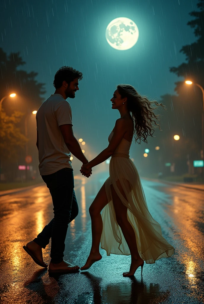 a nymph with tanned skin, green eyes and curly brown hair with a lush body next to her is a muscular and handsome man with dark blue eyes and raven hair. The two of them are dancing in the rain, the two of them are very happy on a road at night