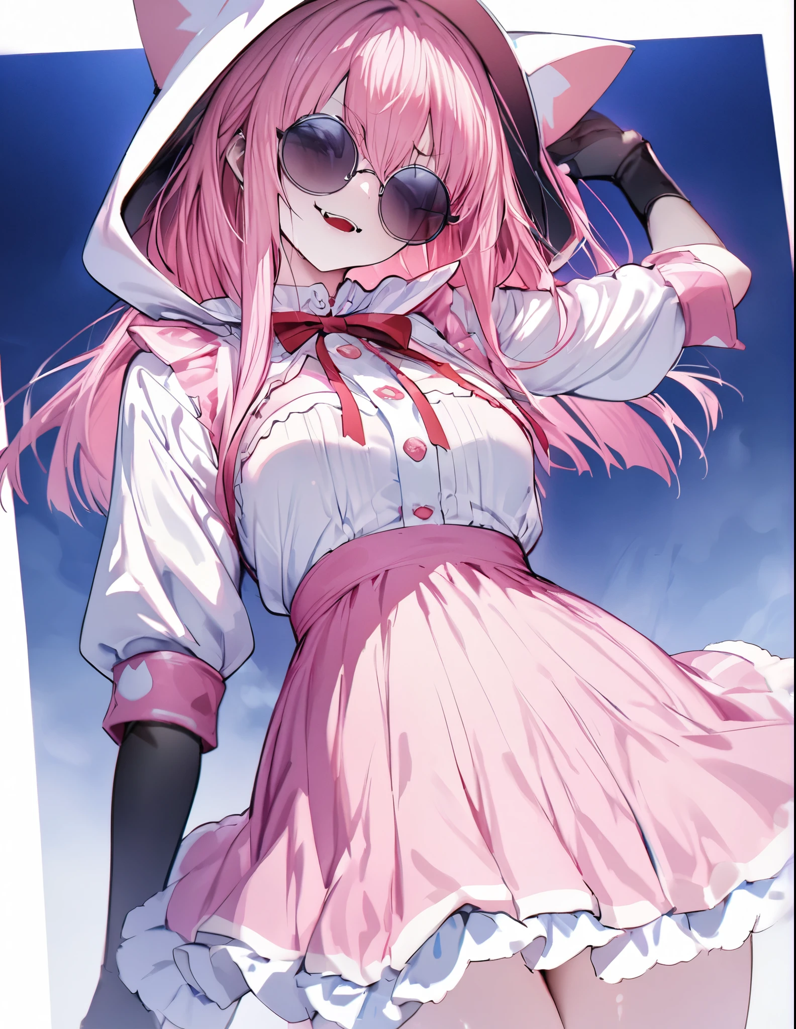 Pink miniskirt dress、Round sunglasses、Cat ear hood、Pink Straight Hair、Evil Face、Shadowy Face、Blue background、masterpiece, High resolution, Highest quality, 