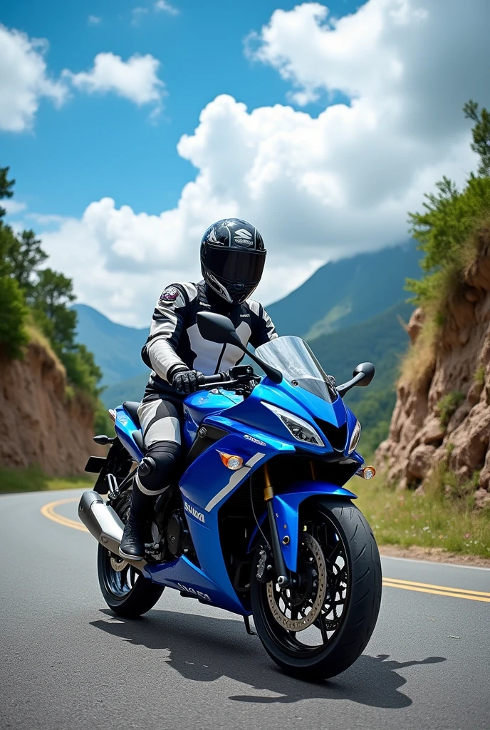 Suzuki gixxer motorcycle in blue with pilot