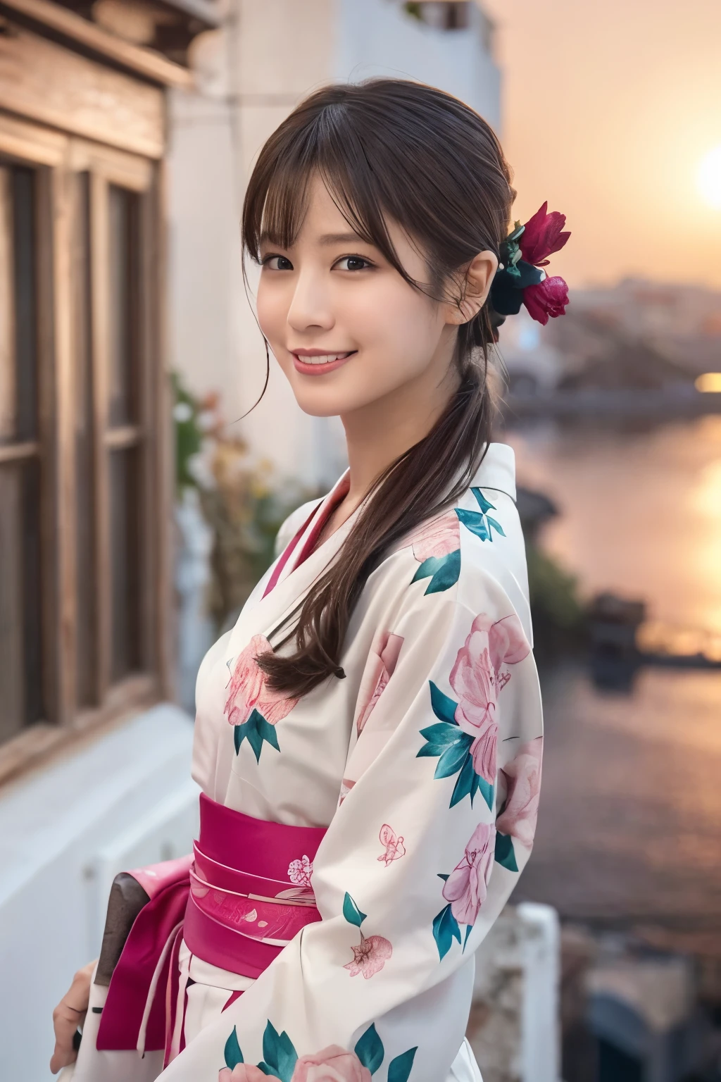 1 person, (Wearing a pink floral kimono.:1.2), Very beautiful Japanese idol portraits, 
(RAW Photos, Highest quality), (Realistic, Realistic:1.4), (masterpiece), 
Very delicate and beautiful, Very detailed, 2k wallpaper, wonderful, finely, Very detailed CG Unity 8k 壁紙, Very detailed, High resolution, Soft Light, 
Beautiful details, Very detailed目と顔, Beautiful and sophisticated nose, Beautiful and beautiful eyes, Cinema Lighting, 
(Commemorative photo on Santorini Island:1.3), (White Building), (blue sky), (Church bells), (Aegean Sea),
(Japanese hairstyle), (Tie your hair at the back:1.3), (bangs), (hairpin), 
Complete Anatomy, Slender body, Small breasts, smile