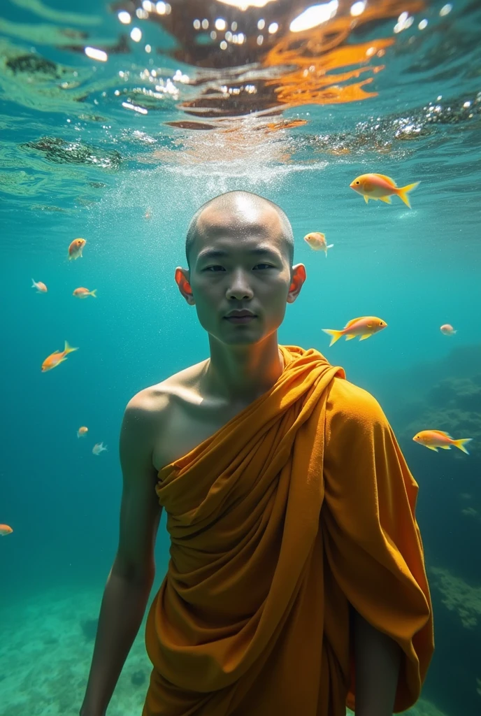 A Burmese monk who is fat and  half body unseen is under the ocean , 