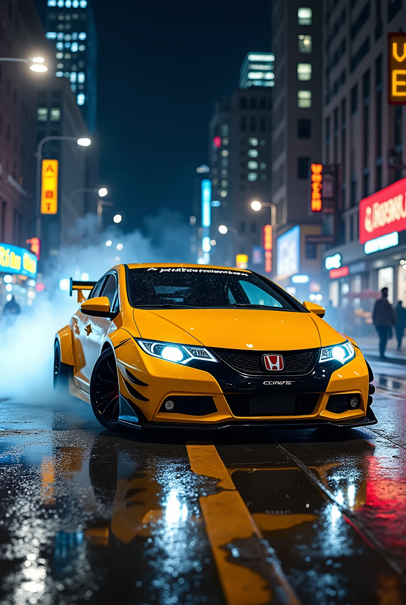 (photorealism:1.2), the civicferio type(glossy yellow)(mugen modified), (random angle view) at nights in newyork city, very detailed parts, smokes near the tire just like drifting, car lights is on.