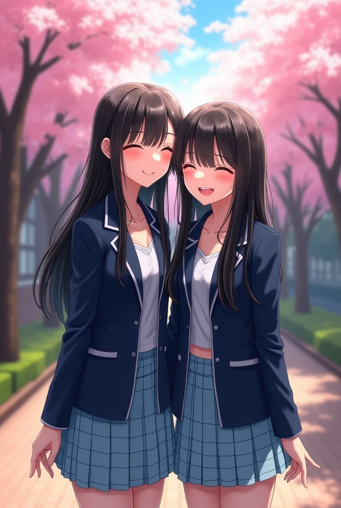 Black-haired Japanese high school girl。

The uniform is a blazer and the top is navy blue, giving it a realistic, photo-like feel.。
The skirt is light blue and navy checkered.。
The length of her skirt is a little short, her hair is long enough to reach her waist, and her bangs are long enough to cover her eyebrows. She and her best friend are doing silly things, and the composition is such that you can see everyone&#39;s faces.
