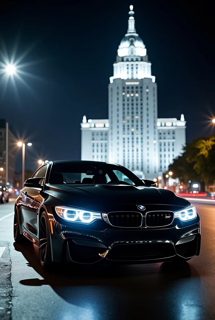 Black bmw car in with big white building front at night
