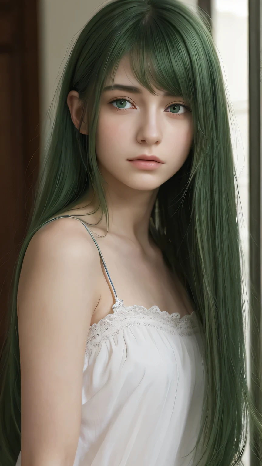 a European girl. delicate facial features. half-closed eyes. green eyes. long straight hairstyle. messy hair. green hair. Sad. straight face