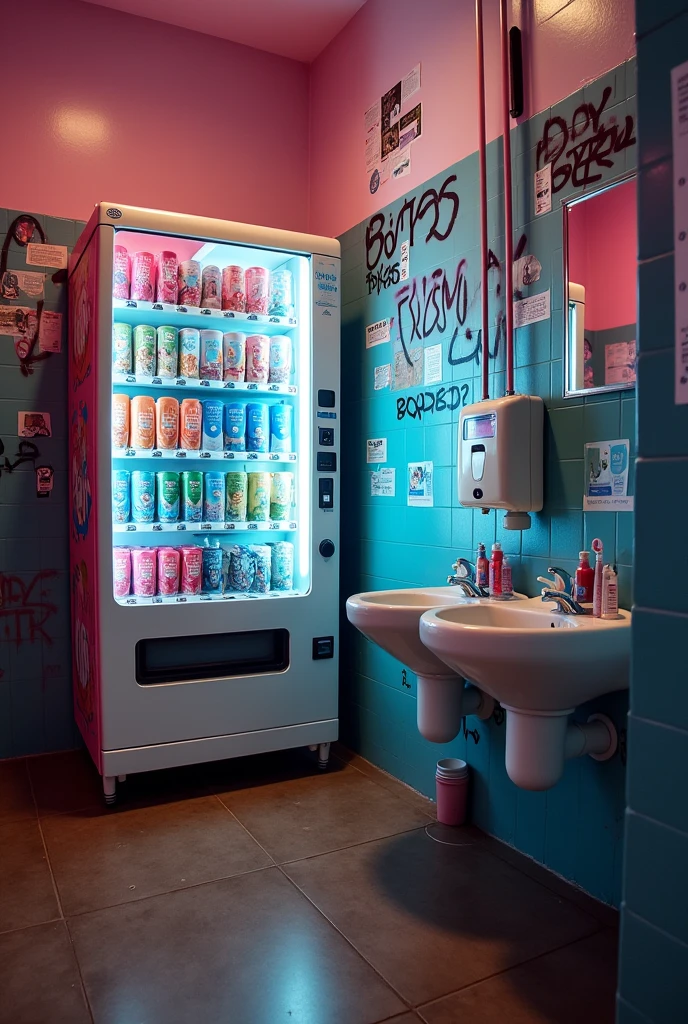 In the girls' bathrooms, it would be a vending machine for pads and in the boys' bathroom there may be toothbrushes. Set in a highscool