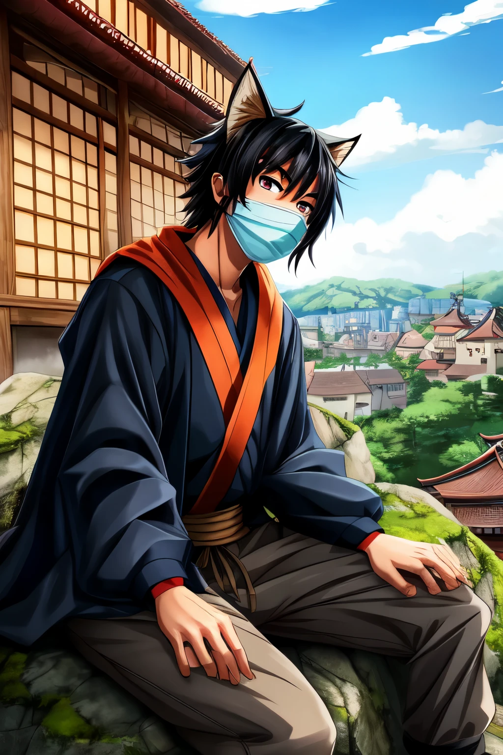 anime style generates an image where you can see a 19-year-old teenager sitting on the edge of a rock with a raincoat, his katana at his side, a Japanese kitsune mask, his hair black and looking at the medieval town that everyone defends. the days