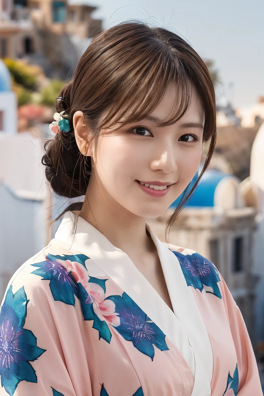 1 person, (Wearing a pink floral kimono.:1.2), Very beautiful Japanese idol portraits, 
(RAW Photos, Highest quality), (Realistic, Realistic:1.4), (masterpiece), 
Very delicate and beautiful, Very detailed, 2k wallpaper, wonderful, finely, Very detailed CG Unity 8k 壁紙, Very detailed, High resolution, Soft Light, 
Beautiful details, Very detailed目と顔, Beautiful and sophisticated nose, Beautiful and beautiful eyes, Cinema Lighting, 
(Commemorative photo on Santorini Island:1.3), (White Building), (blue sky), (Church bells), (Aegean Sea),
(Japanese hairstyle), (Tie your hair at the back:1.3), (bangs), (hairpin), 
Complete Anatomy, Slender body, Small breasts, smile