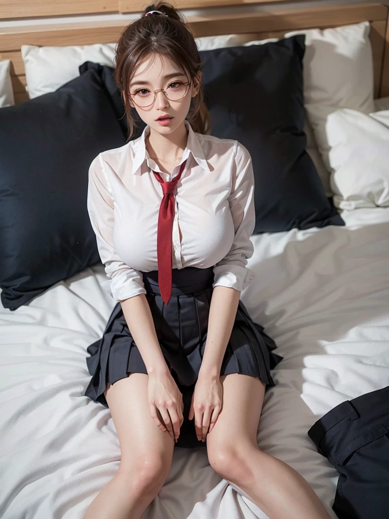 One Japan , Cute Girls, , (school uniform), (White shirt), (Navy blue pleated skirt), miniskirt, (red neck tie), Facing the camera, perfection female form, perfection face, Glossy pink lips, Expressive eyes, eye shadow, eyeliner, (Huge natural breasts:1.3), (Narrow waist), light brown hair, (ponytail), expressive hair, (over-rim glasses), mole under eye, eyeball, (looking at viewer, embarrassed:1.6, ashamed:1.45, sleeping:1.2, close eyes:1.24, upturned eyes, flustered, open mouth), bedroom, (from above lying on her back:1.5, (head on a pillow:1.2), (spread open legs), black stockings, cameltoe:0.8, full body), UHD, masterpiece, accurate, anatomically correct, textured skin, super detail, high details, high quality, best quality,
