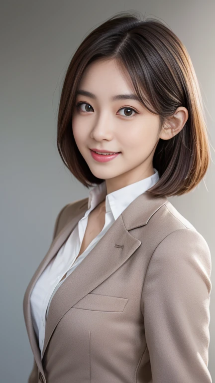 (Very detailedな CG Unity 8k 壁紙, Highest quality, Very detailed, Looking into the camera:1.2, The light shines on your face:1.5, Gray background, Professional Lighting), Japanese women, 26 years old, Brightly lit upper body composition of a face. She has an oval face, Soft arched eyebrows, bright expressive eyes,,, pronounced nose, And a friendly smile. Her hair is shoulder-length, straight, Dyed a pale chestnut color. She is wearing a smart casual blouse, Probably soft colors, Pair it with a chic blazer, Embody her lively and sociable personality