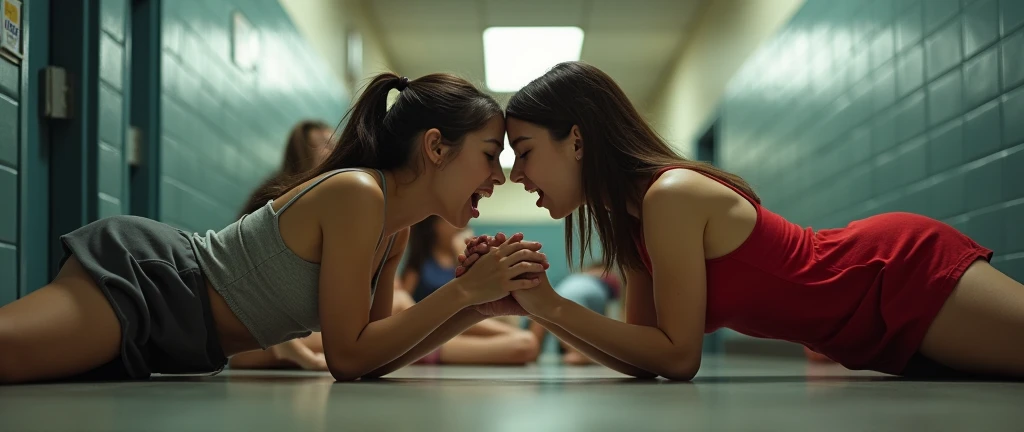 (photorealism:1.2), highschool hallway, diverse crowd of women ((/midtes)) crawl over each other on all fours (wrestling|straddling eachother) wearing tight uniforms ((small microskirts)). Their eyes are wide open and gaze aimlessly - their expressions slacked-jawed and salivating too such extent as to be visible to the POV. Some press their mouths|cheecks together ((tongues))|posteriors while the others gaze vacantly in their direction. Tiny beads of sweat trickle down their skin. In a dreamlike euphoria, they arch their backs ((uncovering their curves and creases)) and rest their heads on the floor. One of the females looks directly at the POV with pure instictual want.
Beautiful female teachers ((age30|35:1.0) with shapely physiques crawl beside them while discarding layers of their once professional attire.