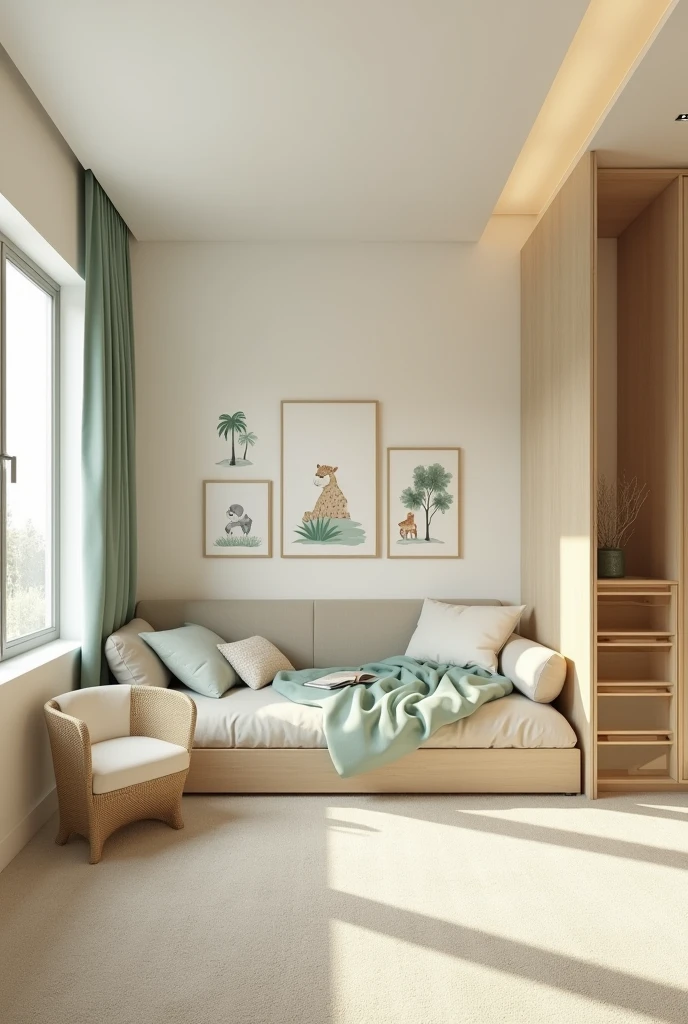 Professional 3d architecture rendering design of modern and light moss and so light Thunder and light cream and wooden Modern and minimal design for chid bedroom and light cream carpet with animals painting and white painting wall and light wooden closet with animals painting and modern ceiling lighting and modern curtains for chid room and the bed similar globe and safety chair for chid