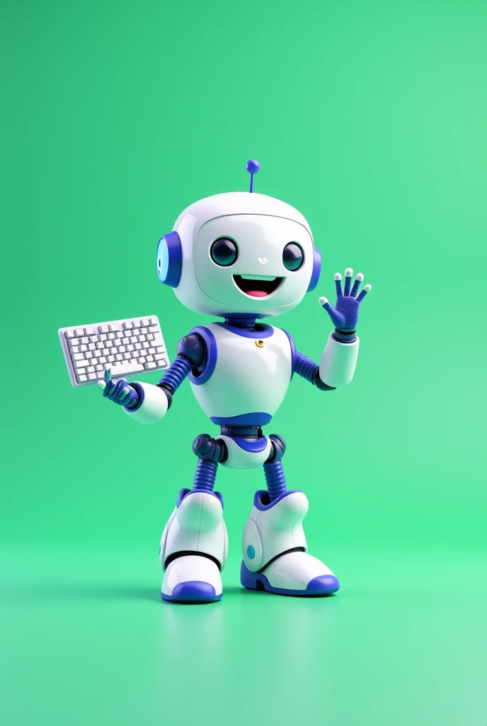 full body white and blue smiling friendly cute nerdy robot 3d character, one hand holding a keyboard, the other hand showing a welcome gesture, solid green background
