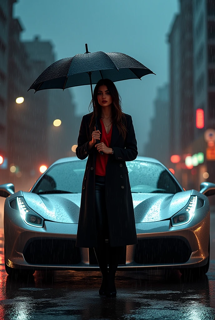 A woman in front of a car on a rainy day