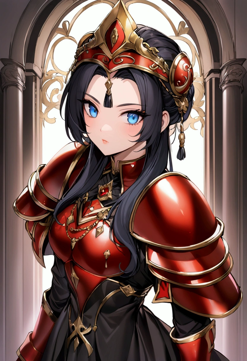 Targueryen 20 yo girl, blue eyes and dressed with a black and red armor