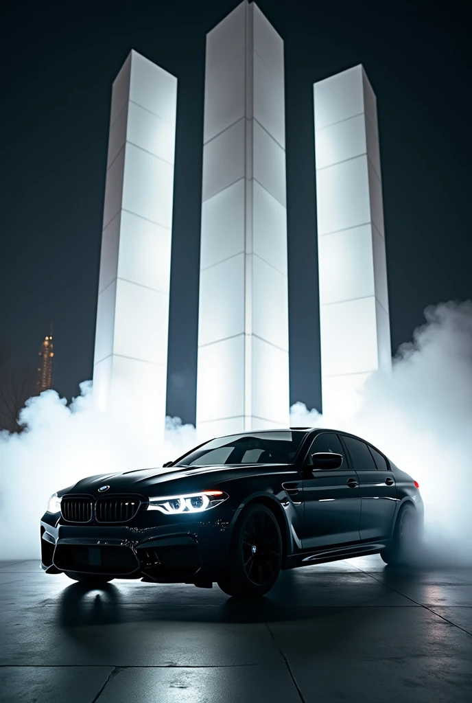 Black bmw car in with big white building front  at  night with smoke
