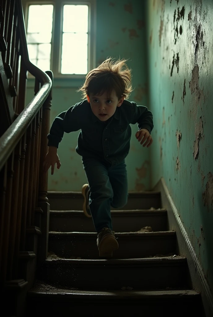 A boy run with fear on stairs