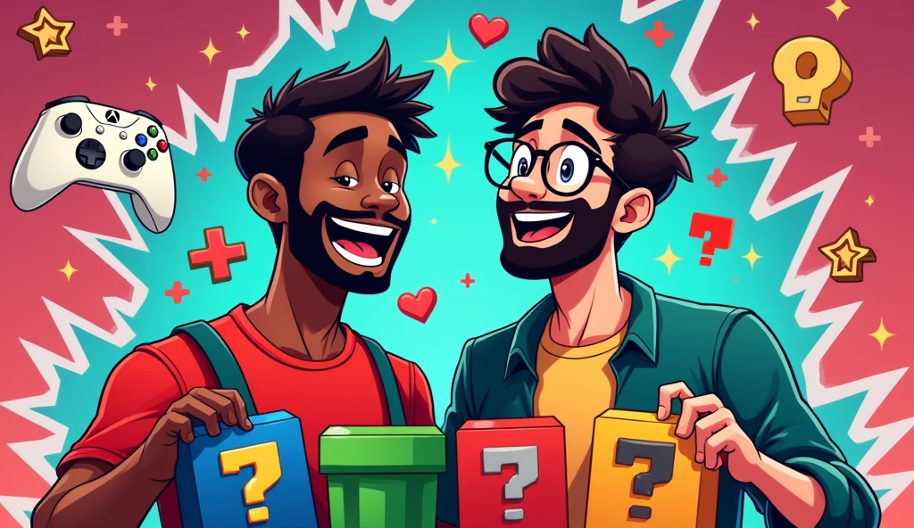 Generates an image in 16 format:9 that we will use as a thumbnail in a YouTube video, We make a podcast , that the image has Mario Bros, xbox we are two 29 year old guys , one with short hair, dark skin and a short neck , and the other is a white guy with glasses and curly hair and we're laughing.