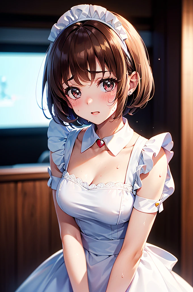 High resolution, Highest quality, super high quality, Very detailed, Cinema Lighting、Sweaty、Sweat、(((Brown hair short cut、50Madame Precure, 20 years old, high-class maid's blowjob、((Orgasm Panties)))))(((、、(((Embarrassed and blushing)))、Bedside)))、