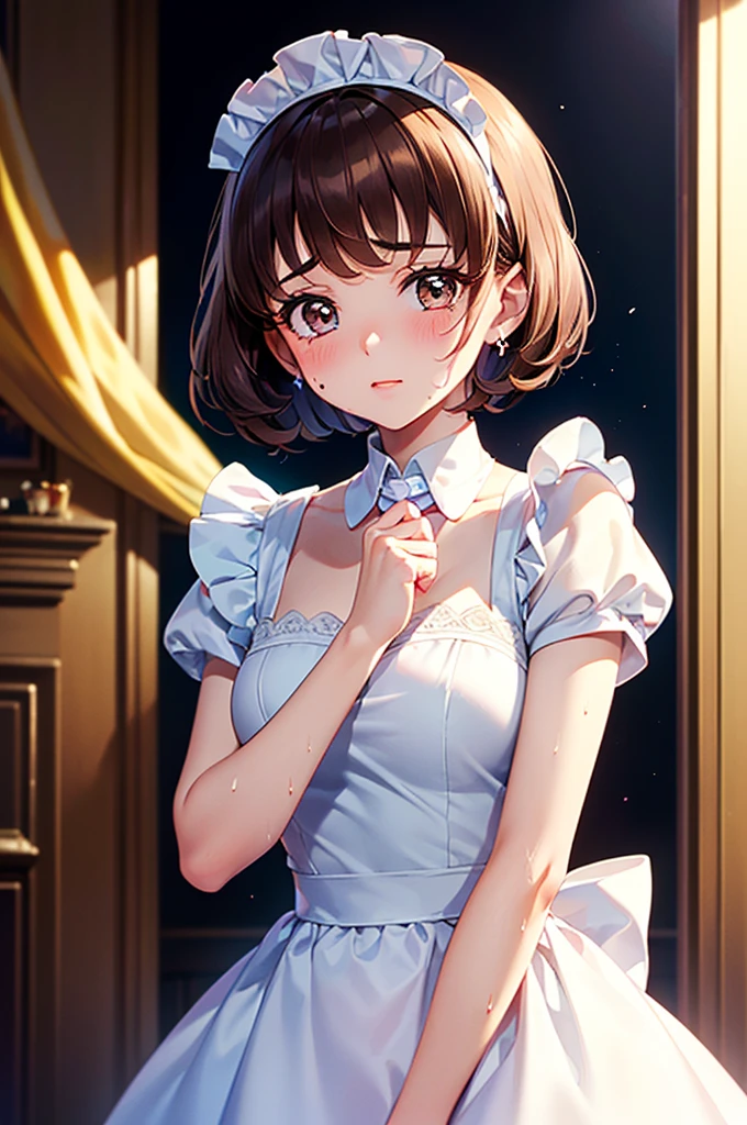 High resolution, Highest quality, super high quality, Very detailed, Cinema Lighting、Sweaty、Sweat、(((Brown hair short cut、50Madame Precure, 20 years old, high-class maid's blowjob、((Orgasm Panties)))))(((、、(((Embarrassed and blushing)))、Bedside)))、